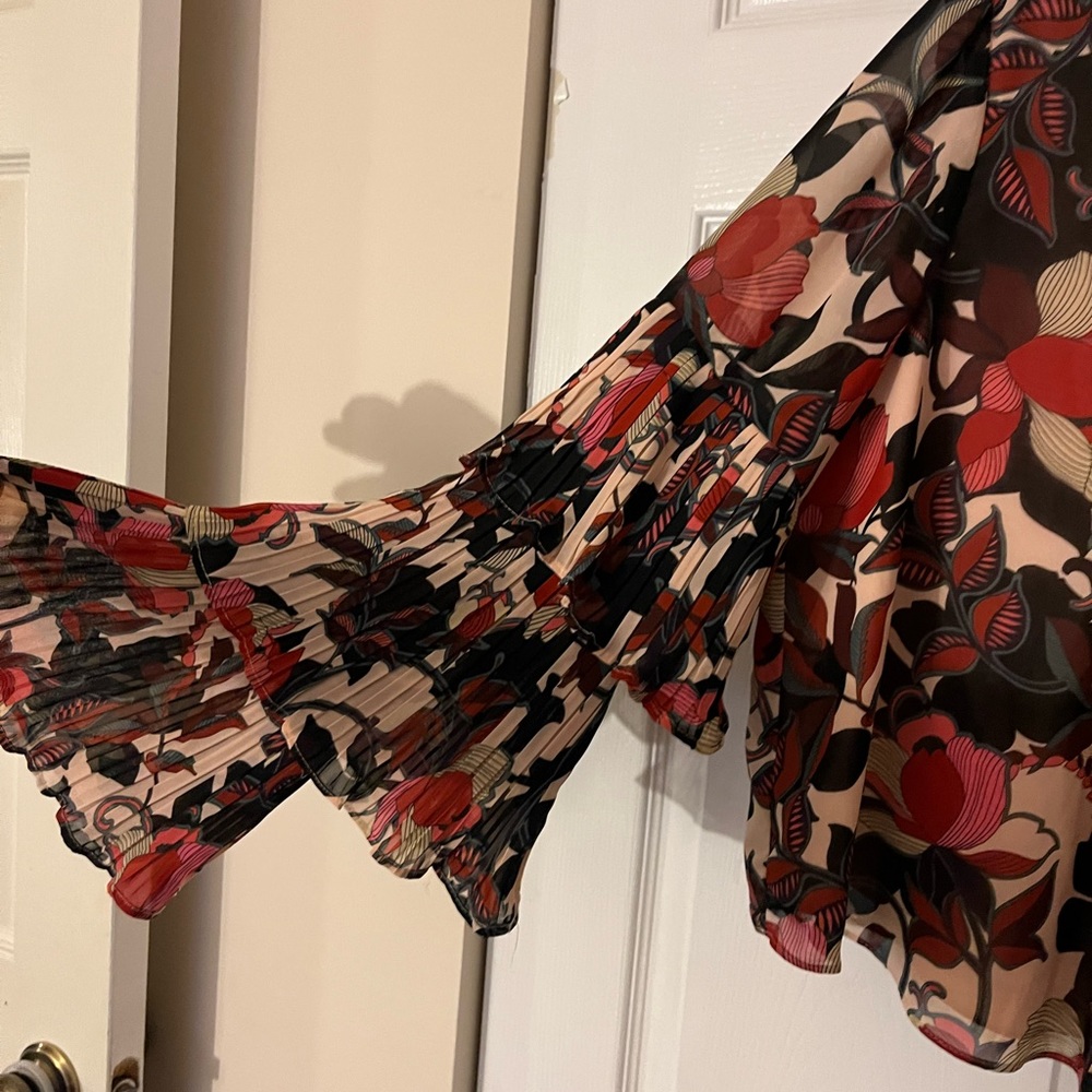 Nanette Lepore Blouse, Multi-print, Fall colors, Long, Tiered Bell-Sleeve, Med.